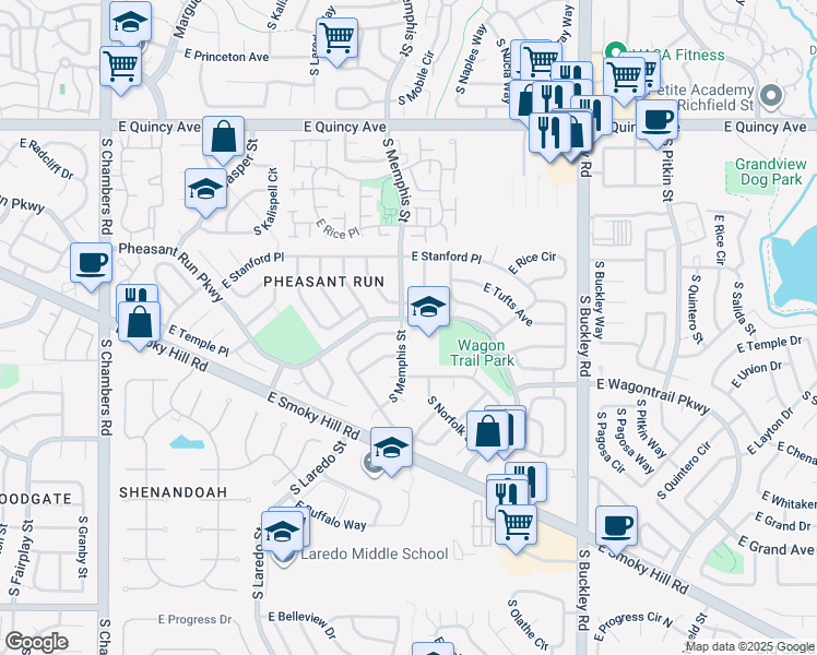 map of restaurants, bars, coffee shops, grocery stores, and more near 4700 South Memphis Street in Aurora