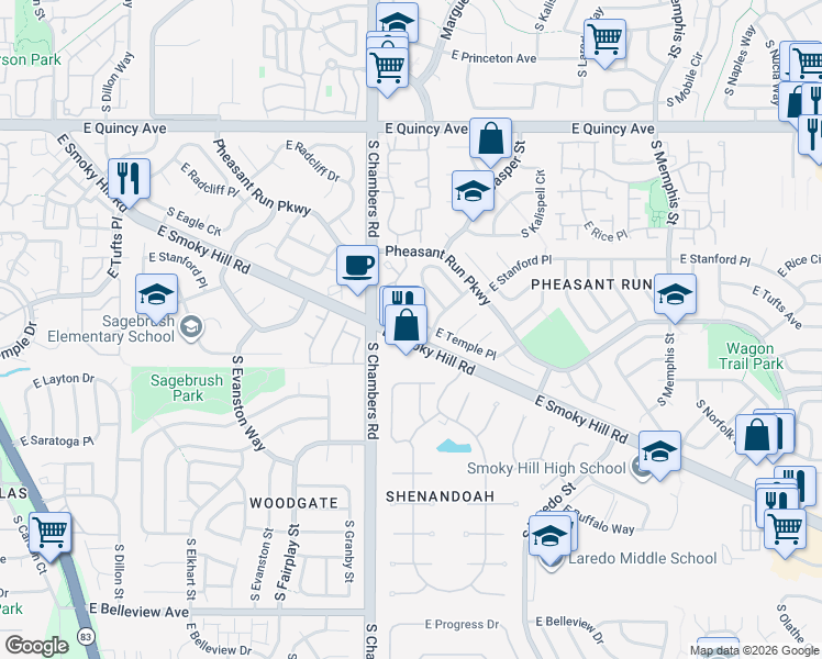 map of restaurants, bars, coffee shops, grocery stores, and more near 15331 East Temple Place in Aurora