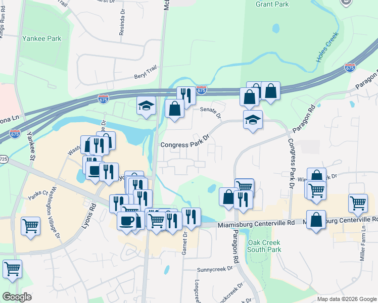 map of restaurants, bars, coffee shops, grocery stores, and more near 901 Congress Park Drive in Montgomery County