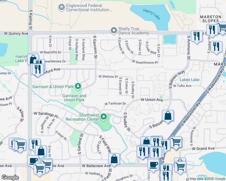 map of restaurants, bars, coffee shops, grocery stores, and more near 8920 West Tufts Avenue in Littleton