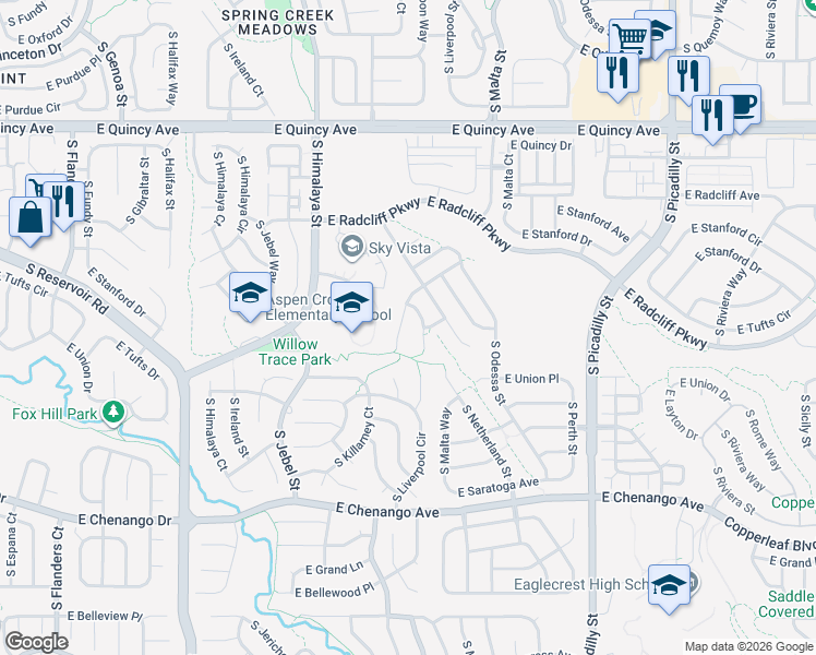 map of restaurants, bars, coffee shops, grocery stores, and more near 4611 South Malaya Court in Aurora