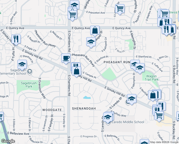 map of restaurants, bars, coffee shops, grocery stores, and more near 4639 South Idalia Street in Aurora
