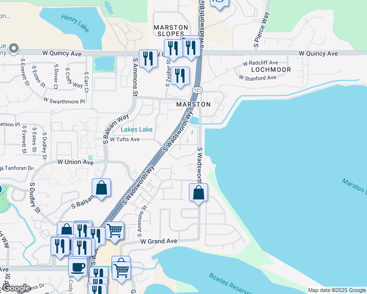 map of restaurants, bars, coffee shops, grocery stores, and more near 4801 South Wadsworth Boulevard in Littleton