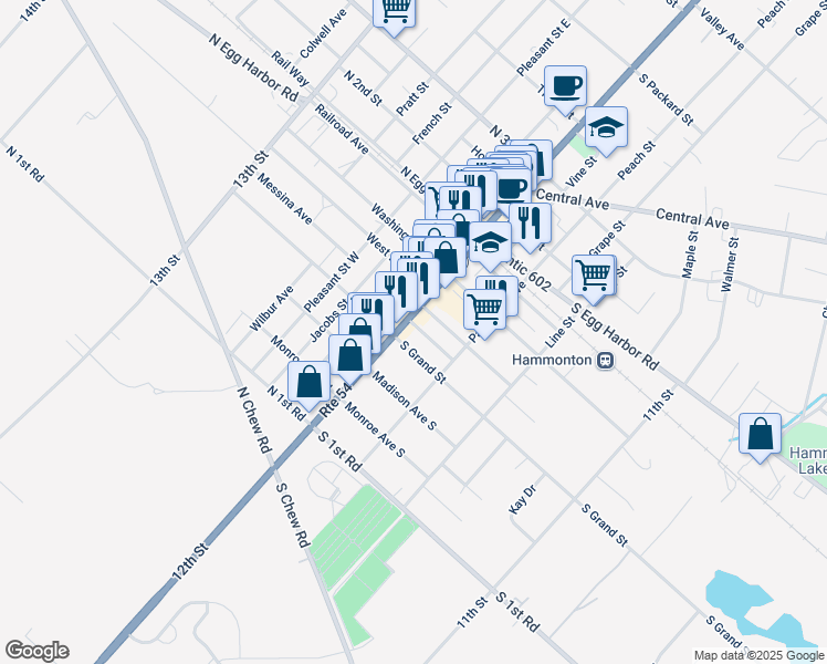 map of restaurants, bars, coffee shops, grocery stores, and more near 300 New Jersey 54 in Hammonton