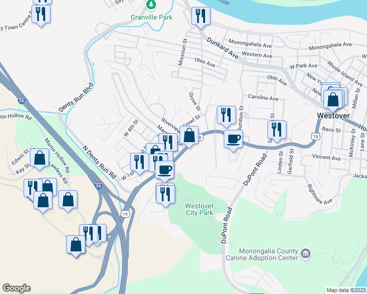 map of restaurants, bars, coffee shops, grocery stores, and more near 301 Riverview Avenue in Morgantown