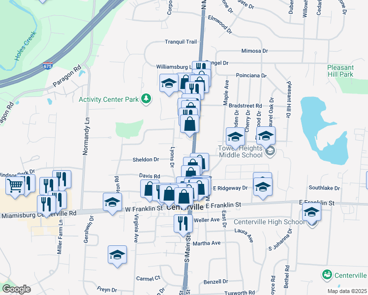 map of restaurants, bars, coffee shops, grocery stores, and more near 185 North Main Street in Centerville