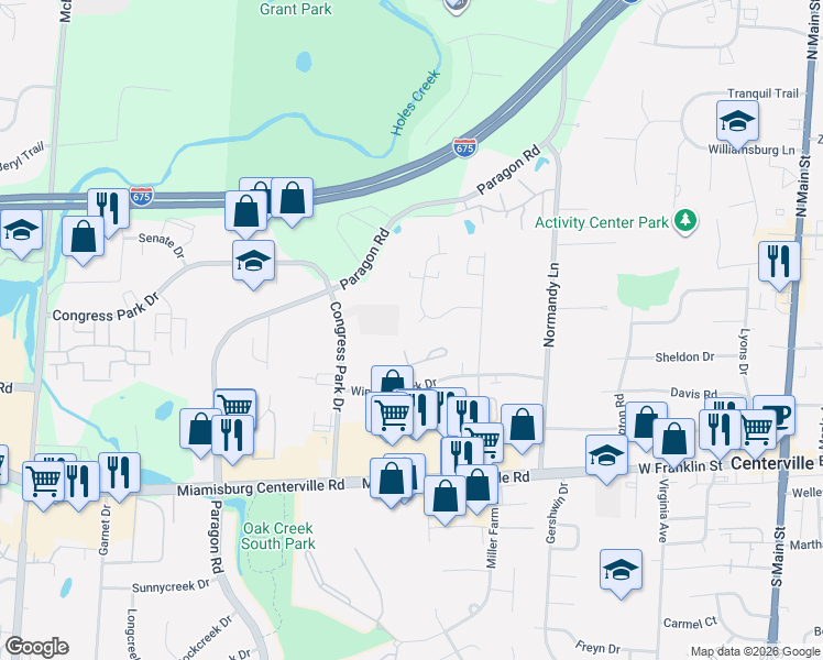 map of restaurants, bars, coffee shops, grocery stores, and more near 7711 Brams Hill Drive in Dayton