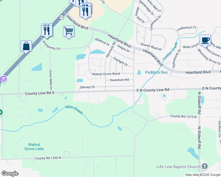 map of restaurants, bars, coffee shops, grocery stores, and more near 10813 Glenayr Drive in Hendricks County