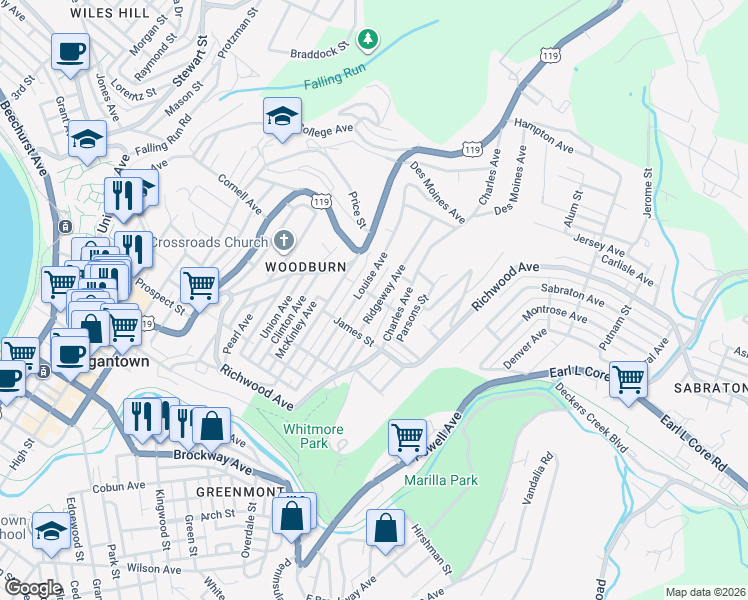 map of restaurants, bars, coffee shops, grocery stores, and more near 921 Ridgeway Avenue in Morgantown