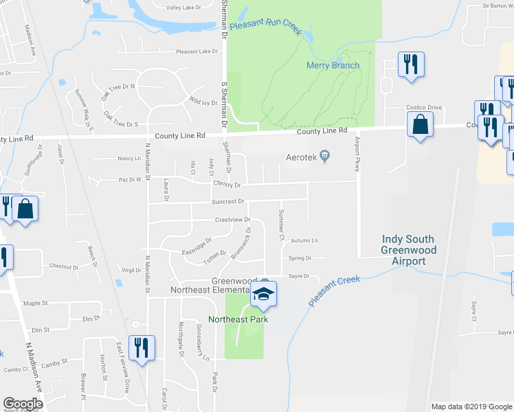 map of restaurants, bars, coffee shops, grocery stores, and more near 212 Suncrest Drive in Greenwood