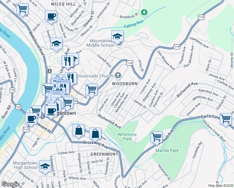 map of restaurants, bars, coffee shops, grocery stores, and more near 750 Snider Street in Morgantown