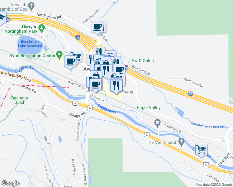 map of restaurants, bars, coffee shops, grocery stores, and more near 230 Chapel Place in Avon