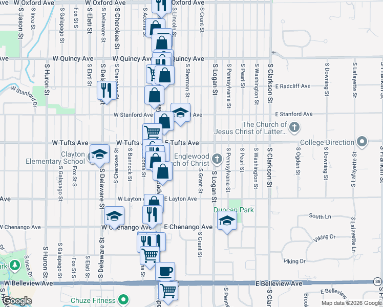 map of restaurants, bars, coffee shops, grocery stores, and more near 4608 South Sherman Street in Englewood