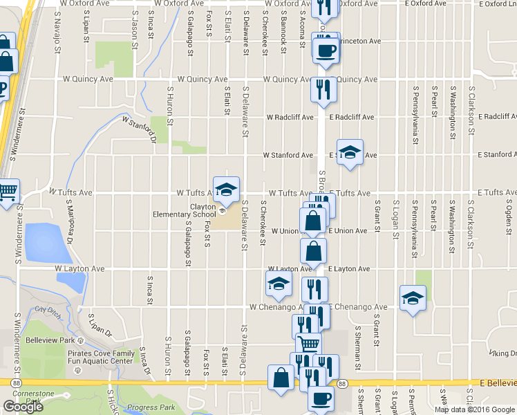 map of restaurants, bars, coffee shops, grocery stores, and more near 4600 South Cherokee Street in Englewood