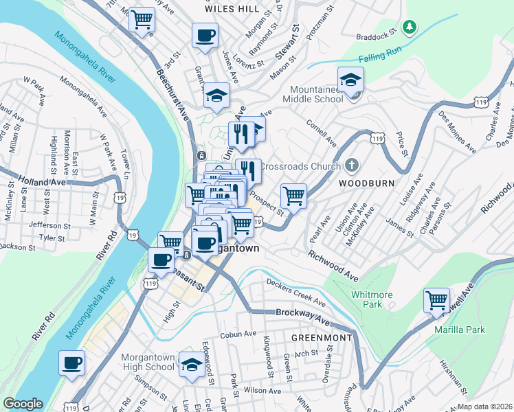 map of restaurants, bars, coffee shops, grocery stores, and more near 208 Prospect Street in Morgantown
