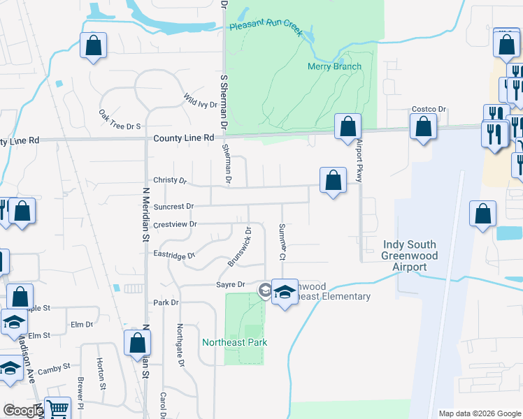 map of restaurants, bars, coffee shops, grocery stores, and more near 272 Suncrest Drive in Greenwood