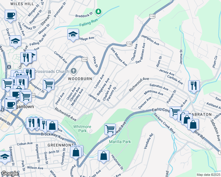 map of restaurants, bars, coffee shops, grocery stores, and more near 912 Charles Avenue in Morgantown