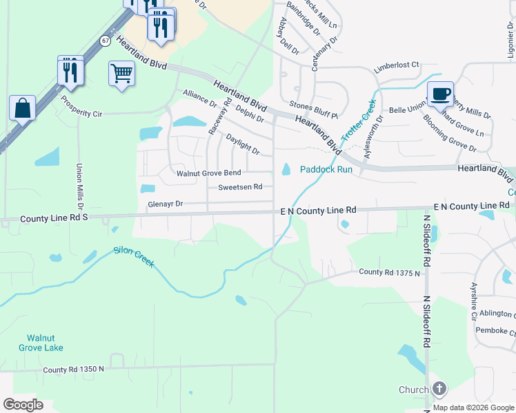 map of restaurants, bars, coffee shops, grocery stores, and more near 10945 Glenayr Drive in Hendricks