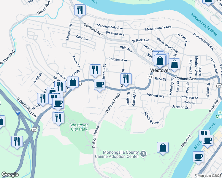 map of restaurants, bars, coffee shops, grocery stores, and more near 708 Fairmont Road in Westover