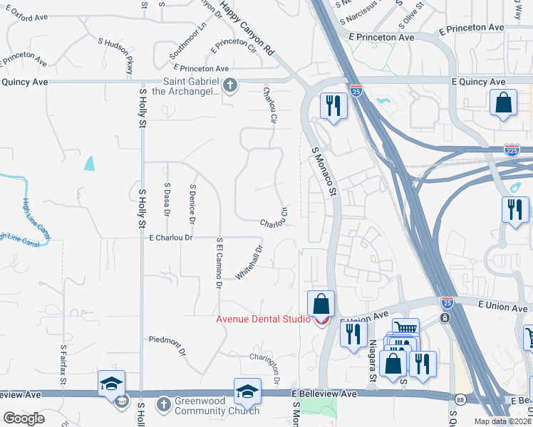 map of restaurants, bars, coffee shops, grocery stores, and more near 49 Charlou Circle in Cherry Hills Village