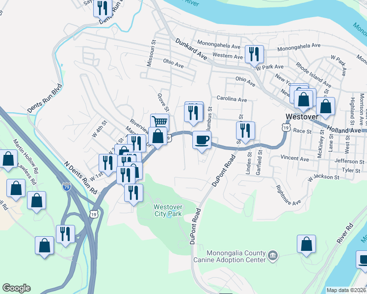 map of restaurants, bars, coffee shops, grocery stores, and more near 199 Falling Leaf Lane in Morgantown