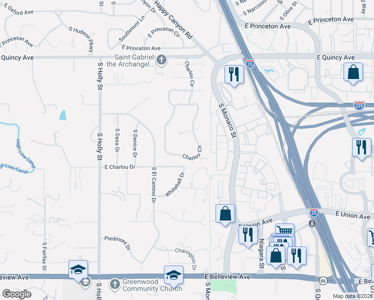 map of restaurants, bars, coffee shops, grocery stores, and more near 49 Charlou Circle in Cherry Hills Village