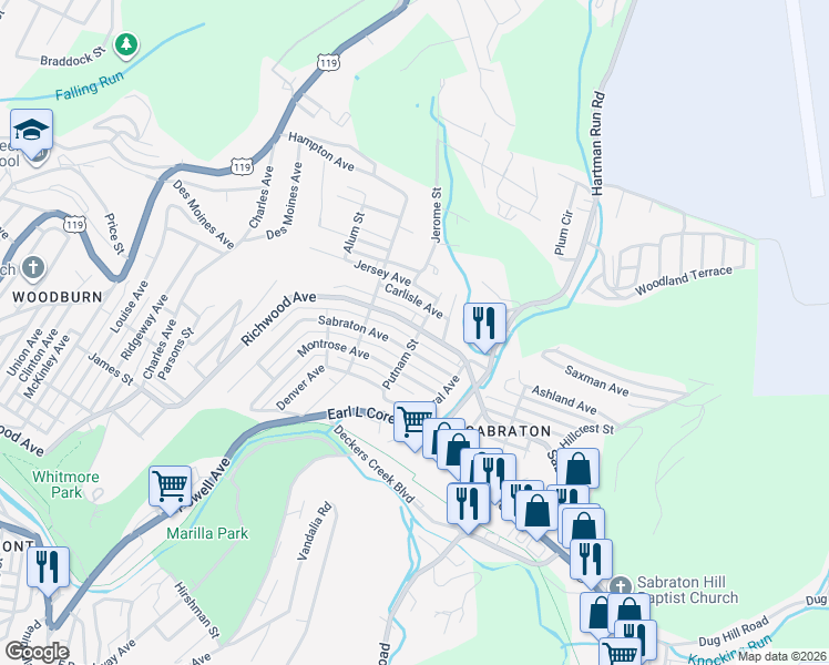 map of restaurants, bars, coffee shops, grocery stores, and more near 1283 Richwood Avenue in Morgantown