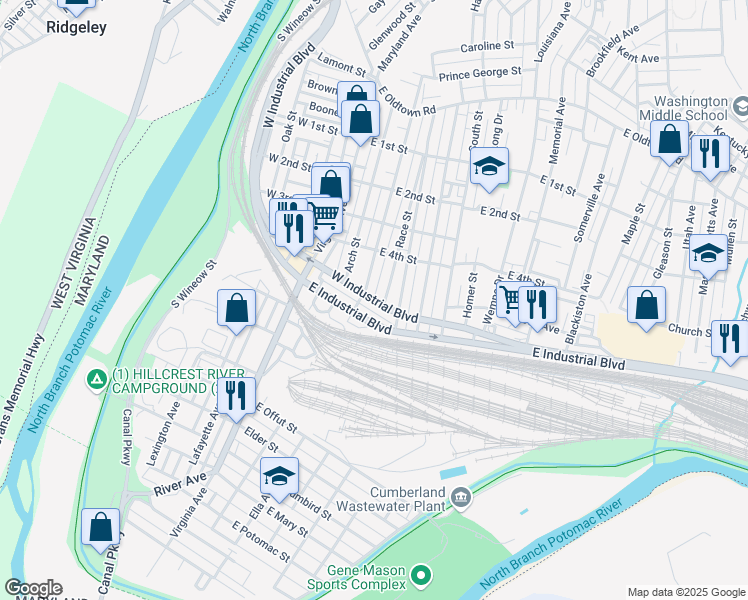map of restaurants, bars, coffee shops, grocery stores, and more near 203 West Industrial Boulevard in Cumberland