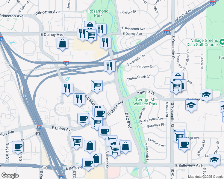 map of restaurants, bars, coffee shops, grocery stores, and more near 4601 Dtc Boulevard in Denver