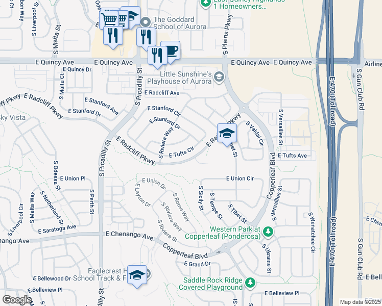 map of restaurants, bars, coffee shops, grocery stores, and more near 22190 East Tufts Circle in Aurora