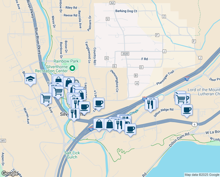map of restaurants, bars, coffee shops, grocery stores, and more near 321 Hummingbird Circle in Silverthorne