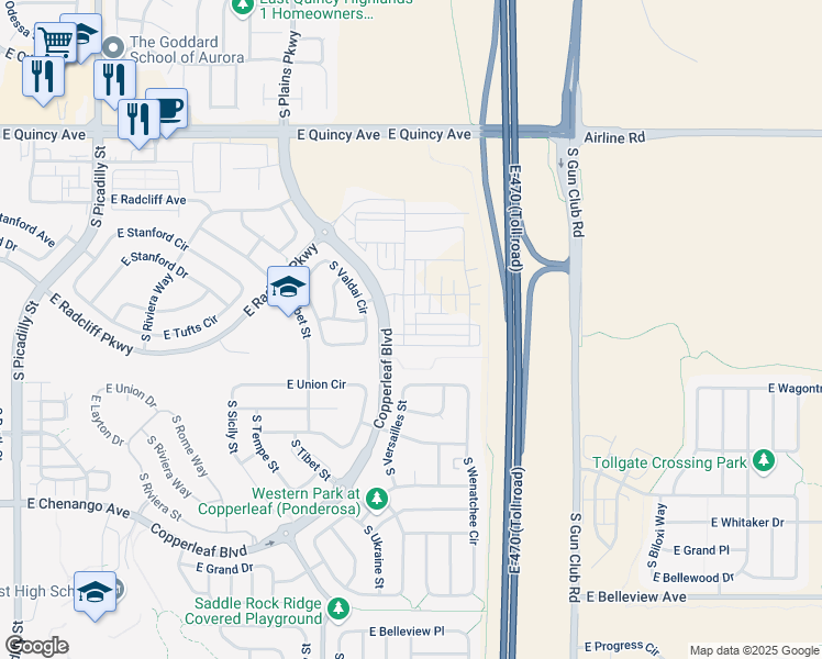 map of restaurants, bars, coffee shops, grocery stores, and more near Copperleaf Boulevard in Aurora