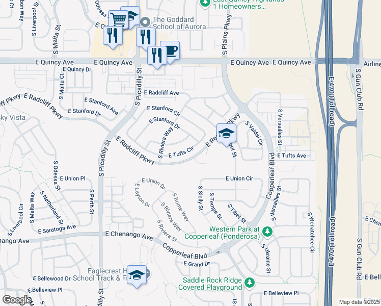 map of restaurants, bars, coffee shops, grocery stores, and more near 22190 East Tufts Circle in Aurora