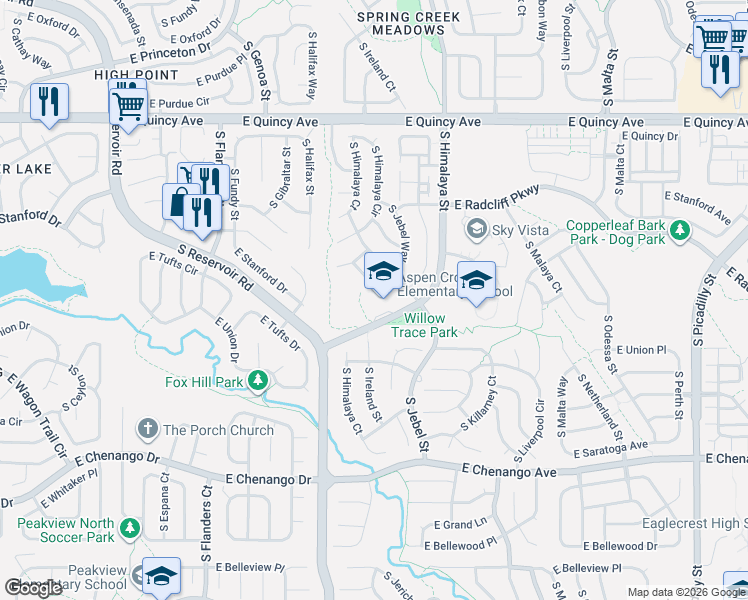 map of restaurants, bars, coffee shops, grocery stores, and more near 20277 East Tufts Drive in Aurora