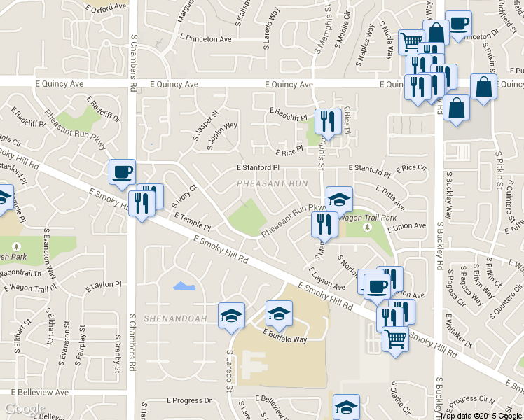 map of restaurants, bars, coffee shops, grocery stores, and more near 4614 South Kalispell Way in Aurora