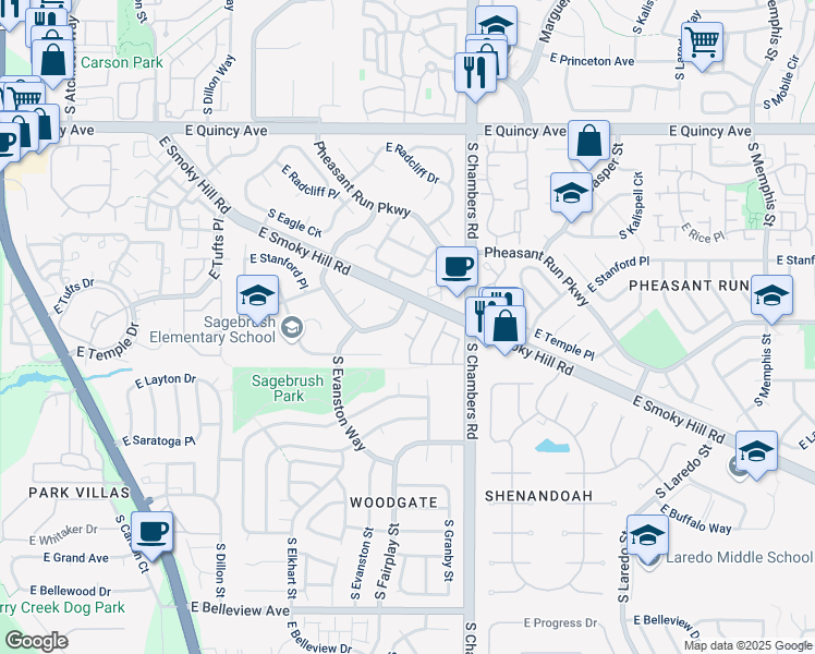map of restaurants, bars, coffee shops, grocery stores, and more near 4601 South Fraser Circle in Aurora