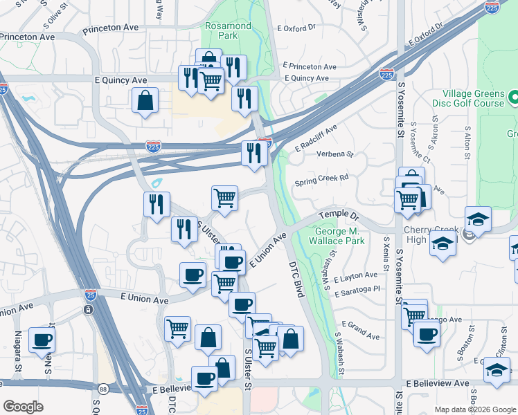 map of restaurants, bars, coffee shops, grocery stores, and more near 4601 Dtc Boulevard in Denver