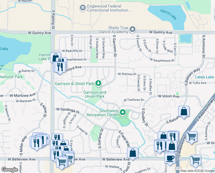 map of restaurants, bars, coffee shops, grocery stores, and more near 4625 South Garland Way in Littleton