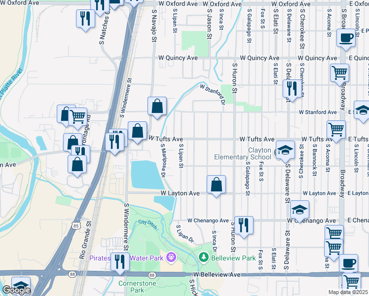 map of restaurants, bars, coffee shops, grocery stores, and more near 4600 South Lipan Street in Englewood