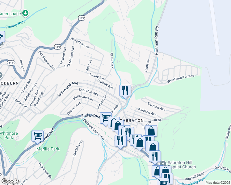 map of restaurants, bars, coffee shops, grocery stores, and more near 224 Woodridge Street in Morgantown