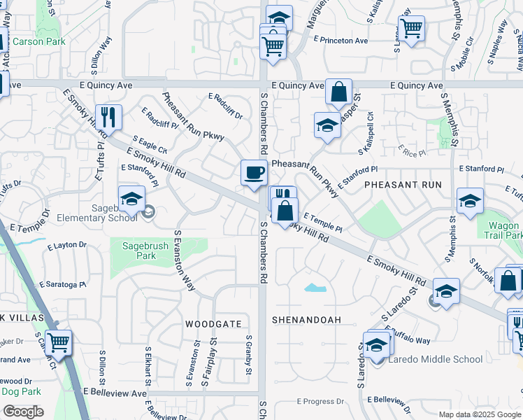 map of restaurants, bars, coffee shops, grocery stores, and more near E Smoky Hill Rd & S Chambers Rd in Aurora