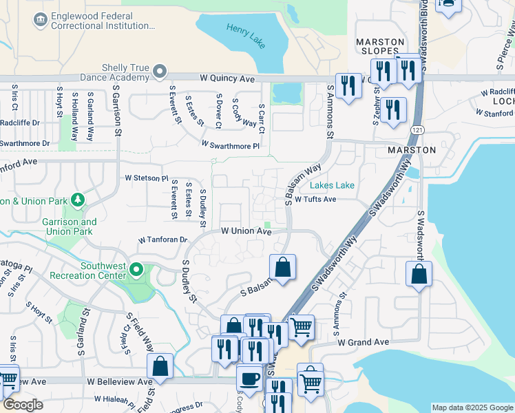map of restaurants, bars, coffee shops, grocery stores, and more near 4601 South Balsam Way in Littleton
