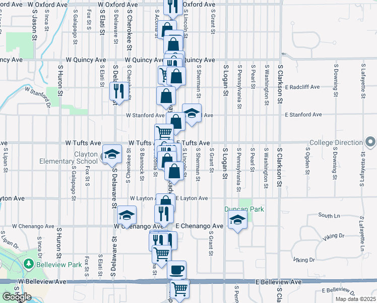 map of restaurants, bars, coffee shops, grocery stores, and more near 4600 South Lincoln Street in Englewood