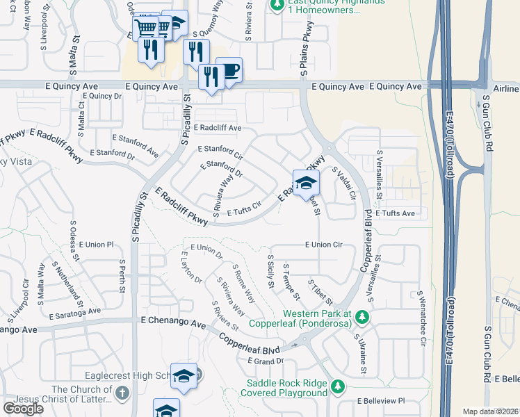 map of restaurants, bars, coffee shops, grocery stores, and more near 22190 East Tufts Circle in Aurora