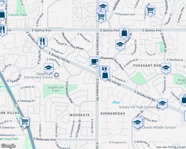 map of restaurants, bars, coffee shops, grocery stores, and more near 15271 East Smoky Hill Road in Aurora