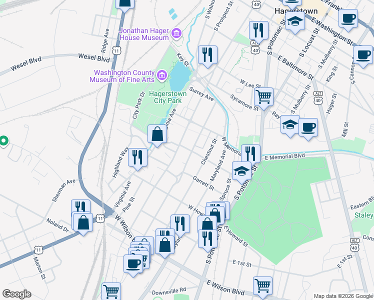 map of restaurants, bars, coffee shops, grocery stores, and more near 405 Garlinger Avenue in Hagerstown