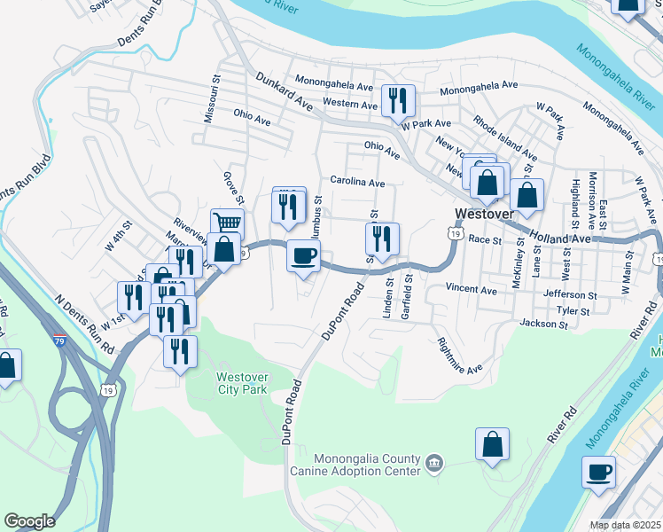 map of restaurants, bars, coffee shops, grocery stores, and more near 708 Fairmont Road in Westover