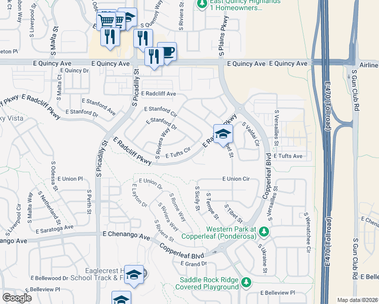 map of restaurants, bars, coffee shops, grocery stores, and more near 22190 East Tufts Circle in Aurora