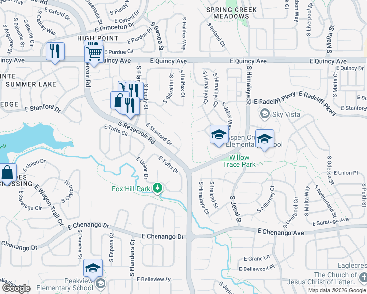 map of restaurants, bars, coffee shops, grocery stores, and more near 4603 South Gibralter Street in Centennial