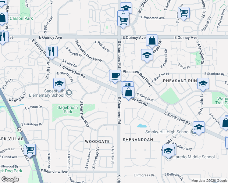map of restaurants, bars, coffee shops, grocery stores, and more near 15271 East Smoky Hill Road in Aurora